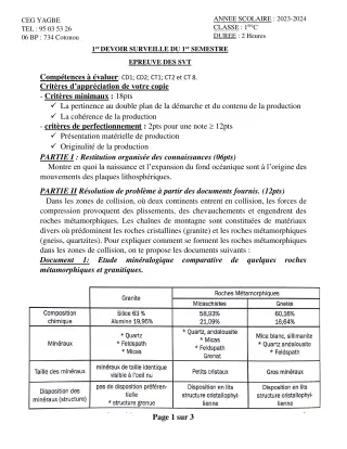 Première page de SVT 1ère C — 1er devoir surveillé, 1er semestre (2023-2024) · CEG Yagbe
