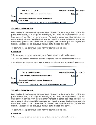 Première page de Français 5e — 2e évaluation sommative, 1er semestre (2022-2023) · CEG2 ABOMEY - CALAVI (CEG ZOCA)