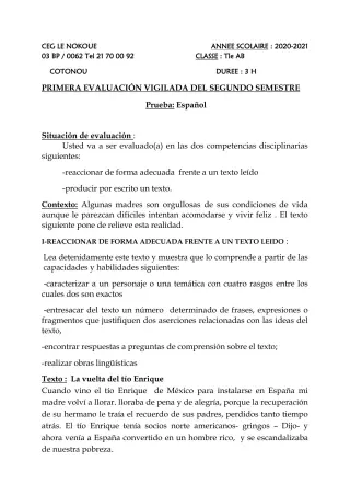 Première page de Espagnol Tle A1, Tle A2, Tle B — 2020-2021 · CEG LE NOKOUE