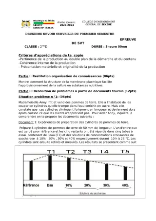 Première page de SVT 2nde D — 2e devoir surveillé (2023-2024) · CEG SEKERE