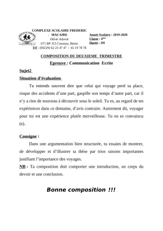 Première page de Français 6e, 5e, 4e, 4e ML — Composition, 2e trimestre (2019-2020) · CPEG Frédéric Macaire