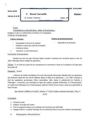 Première page de Histoire-Géographie 1ère A1, 1ère B — 1er devoir surveillé, 1er semestre (2018-2019) · CEG2 ABOMEY - CALAVI (CEG ZOCA)