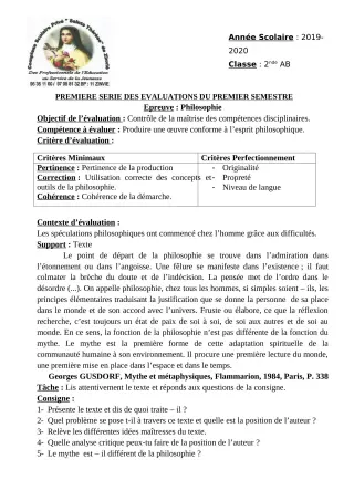 Première page de Philosophie 2nde D — 1re évaluation sommative, 1er semestre (2019-2020) · CPEG Ste Thérèse de Zinvié