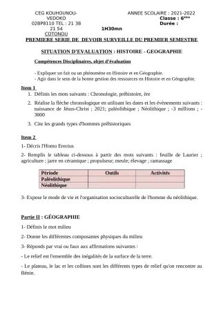 Première page de Histoire-Géographie 6e — 1er devoir surveillé, 1er semestre (2021-2022) · CEG Kouhounou-Vêdoko