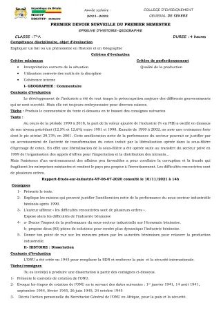 Première page de Histoire-Géographie Tle A2 — 1er devoir surveillé, 1er semestre (2021-2022) · CEG SEKERE