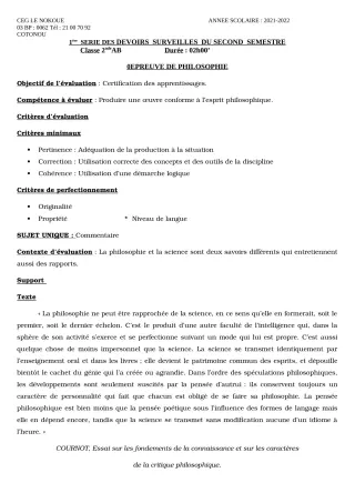 Première page de Philosophie 2nde A1, 2nde A2, 2nde B — 1er devoir surveillé, 2e semestre (2021-2022) · CEG LE NOKOUE