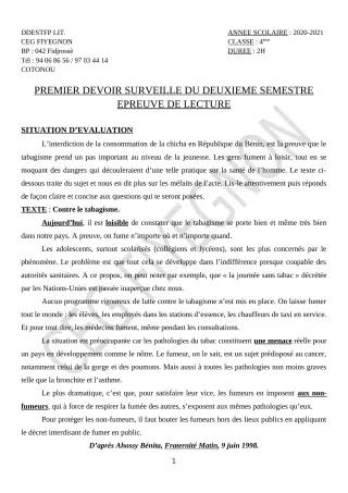 Première page de Français 4e, 4e ML — 1er devoir surveillé, 2e semestre (2020-2021) · CEG FIYEGNON