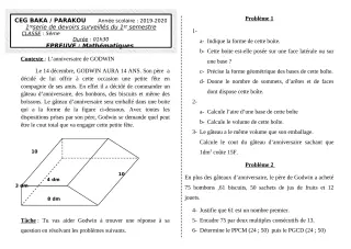 Première page de Mathématiques 5e — 1er devoir surveillé, 1er semestre (2019-2020) · CEG BAKA