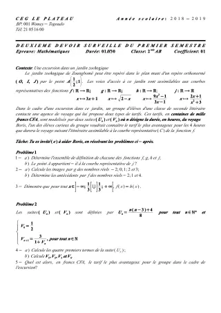 Première page de Mathématiques 2nde A & B — 2e devoir surveillé, 1er semestre (2018-2019) · CEG Le Plateau