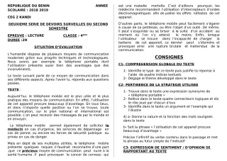 Première page de Français 4e, 4e ML — 2e devoir surveillé, 2e semestre (2018-2019) · CEG 2 KANDI
