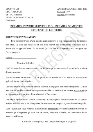 Première page de Français 4e, 4e ML — 1er devoir surveillé, 1er semestre (2019-2020) · CEG FIYEGNON