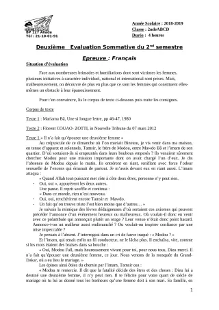 Première page de Français 2nde A & B — Évaluation sommative, 2e semestre (2018-2019) · CEG Sékou