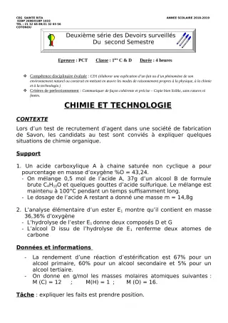 Première page de PCT 1ère C, 1ère D — 2e devoir surveillé, 2e semestre (2018-2019) · CEG Sainte Rita