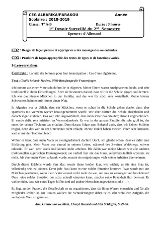 Première page de Allemand 4e ML, 3e ML, 2nde A, 2nde B, 1ère A1, 1ère A2, 1ère B, Tle A1, Tle A2, Tle B — 1er devoir surveillé, 2e semestre (2018-2019) · CEG Albarika