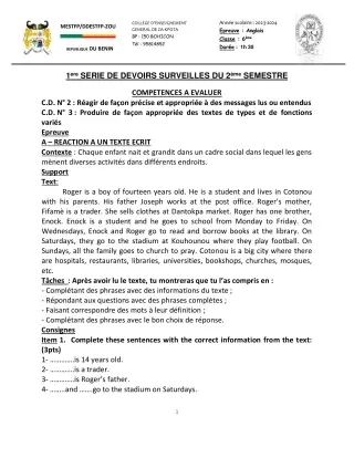 Première page de Anglais 6e — 1er devoir surveillé, 2e semestre (2023-2024) · CEG ZA-KPOTA
