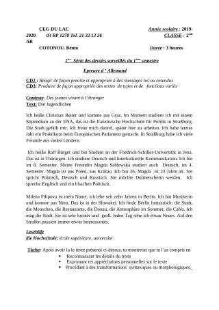 Première page de Allemand 2nde A, 2nde B — 1er devoir surveillé (2019-2020) · CEG du Lac