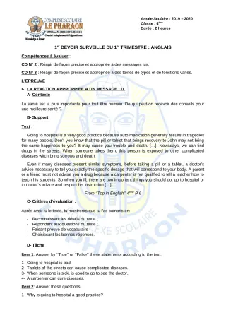 Première page de Anglais 4e, 4e ML — 1er devoir surveillé, 1er trimestre (2019-2020) · CPEG LE PHARAON