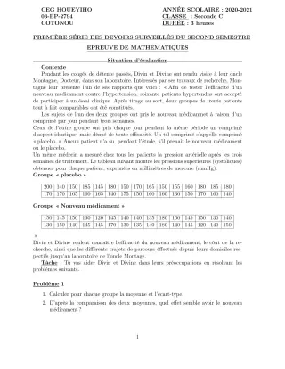 Première page de Mathématiques 2nde C — 1er devoir surveillé, 2e semestre (2020-2021) · CEG HOUEYIHO