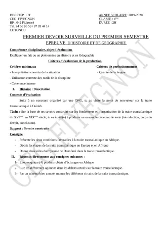 Première page de Histoire-Géographie 4e, 4e ML — 1er devoir surveillé, 1er semestre (2019-2020) · CEG FIYEGNON