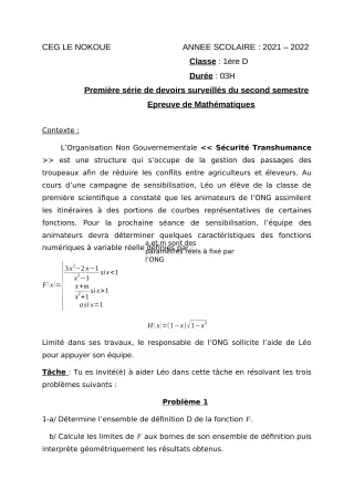 Première page de Mathématiques 1ère D — 1er devoir surveillé, 2e semestre (2021-2022) · CEG LE NOKOUE