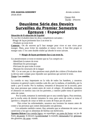 Première page de Espagnol 4e — 2e devoir surveillé, 1er semestre (2018-2019) · CEG Agassa Godomey