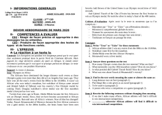 Première page de Anglais 2nde C, 2nde D — Devoir surveillé (2019-2020) · CPEG Roger LAFIA