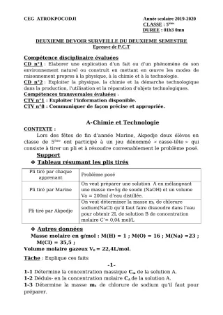 Première page de PCT 5e — 2e devoir surveillé, 2e semestre (2019-2020) · CEG ATROKPOCODJI