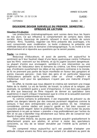 Première page de Français 3e, 3e ML — 2e devoir surveillé, 1er semestre (2020-2021) · CEG du Lac