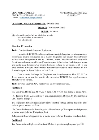 Première page de Mathématiques 5e — Devoir surveillé, 1er trimestre (2022-2023) · CPEG MARIA-CAROLE