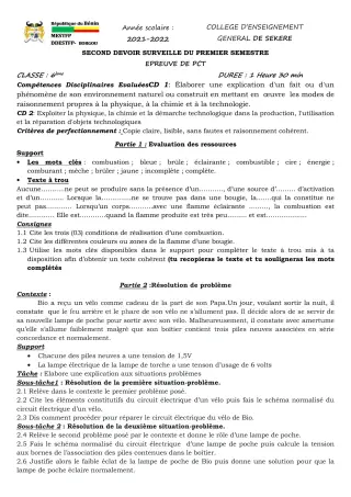 Première page de PCT 6e — 2e devoir surveillé, 1er semestre (2021-2022) · CEG SEKERE