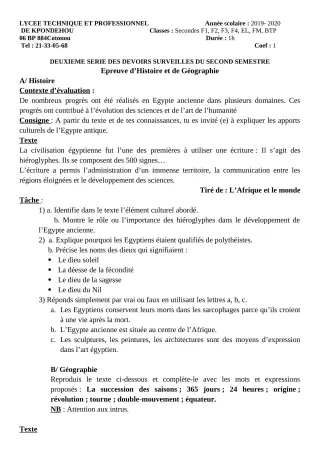 Première page de Histoire-Géographie 2nde BTP, 2nde EL, 2nde F1, 2nde F2, 2nde F4, 2nde FC, 2nde FM, 2nde IMI, 2nde MA, 2nde OG — 2e devoir surveillé, 2e semestre (2019-2020) · LT Professionnel de Kpondéhou