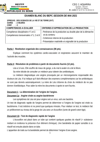 Première page de Examen Blanc de SVT — 3e, 3e ML — CEG1 Adjarra (2020)