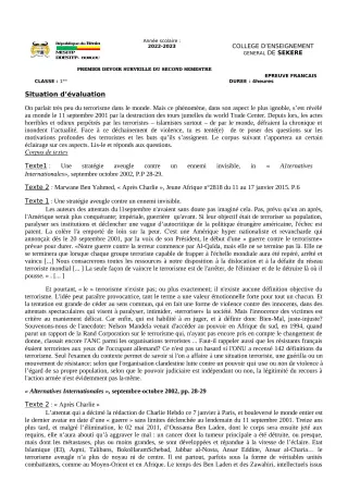 Première page de Français 1ère A2, 1ère D — 1er devoir surveillé, 2e semestre (2022-2023) · CEG SEKERE
