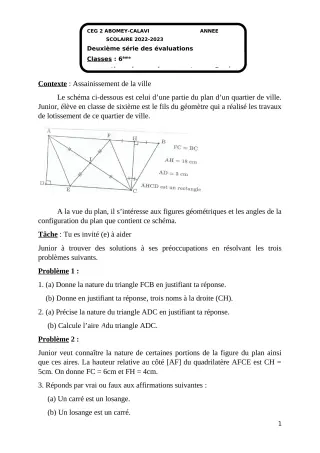 Première page de Mathématiques 6e — 2e évaluation sommative, 1er semestre (2022-2023) · CEG2 ABOMEY - CALAVI (CEG ZOCA)