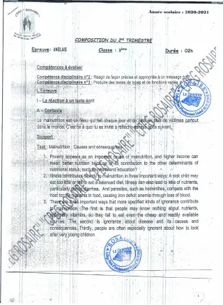 Première page de Anglais 3e, 3e ML — Composition, 2e trimestre (2020-2021) · CPEG ROSAIRE