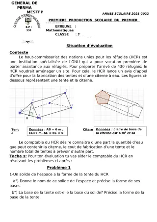 Première page de Mathématiques 6e, 5e, 4e, 3e, 2nde A, 2nde D, 1ère A, 1ère D, Tle A, Tle D — 1re production scolaire, 1er semestre (2021-2022) · CEG Perma