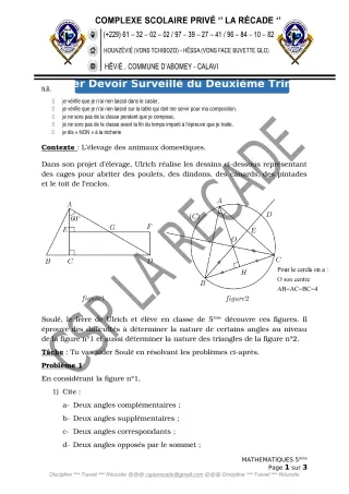 Première page de Mathématiques 6e, 5e, 4e, 4e ML, 3e, 3e ML, 2nde B, 2nde D, 1ère B, 1ère D — 1er devoir surveillé, 2e trimestre (2019-2020) · CPEG LA RECADE