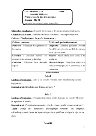 Première page de Philosophie Tle B — 1re évaluation sommative, 1er semestre (2023-2024) · CEG2 ABOMEY - CALAVI (CEG ZOCA)