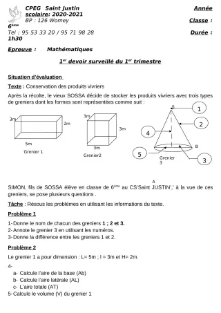 Première page de Mathématiques 6e, 1ère A2, 1ère B — 1er devoir surveillé, 1er trimestre (2020-2021) · CPEG SAINT Justin