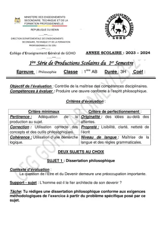 Première page de Philosophie 1ère A & B — 1re production scolaire, 1er semestre (2023-2024) · CEG GOHO