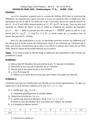 Première page de Mathématiques Tle A2, Tle B — Devoir surveillé (2019-2020) · CPEG Roger LAFIA
