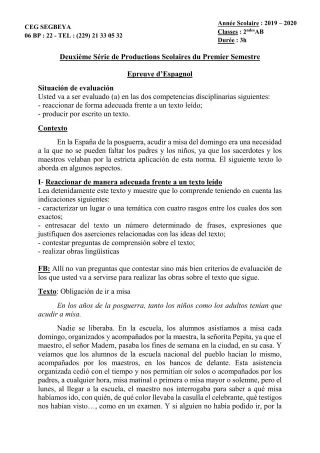 Première page de Espagnol 2nde A & B — 2e production scolaire, 1er semestre (2019-2020) · CEG SEGBEYA