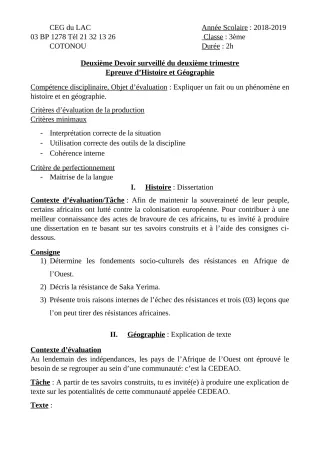 Première page de Histoire-Géographie 3e, 3e ML — 2e devoir surveillé, 2e trimestre (2018-2019) · CEG du Lac