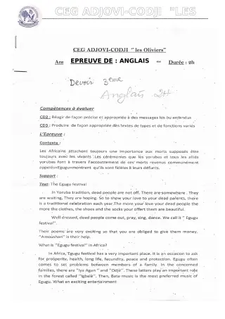 Première page de Devoir surveillé de ANGLAIS — 3e, 3e ML — CEG ADJOVICODJI 'LES OLIVIERS' (2019)