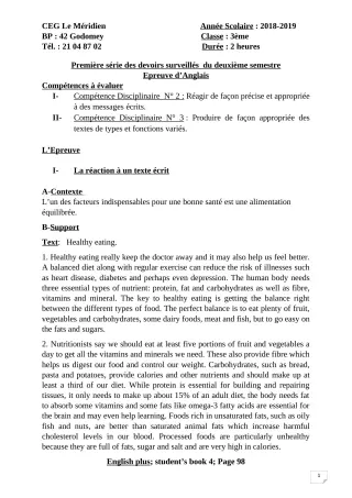 Première page de Anglais 3e, 3e ML — 1er devoir surveillé, 2e semestre (2018-2019) · CEG Le Méridien