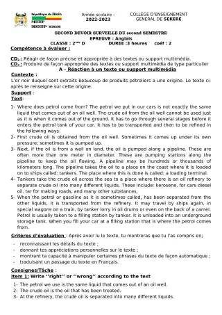 Première page de Anglais 2nde D — 2e devoir surveillé, 2e semestre (2022-2023) · CEG SEKERE