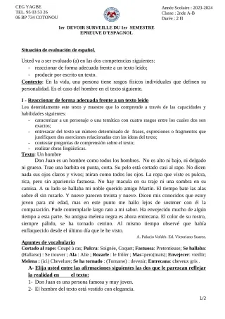 Première page de Espagnol 2nde A, 2nde B — 1er devoir surveillé, 1er semestre (2023-2024) · CEG Yagbe