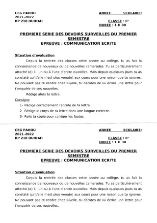 Première page de Français 6e — 1er devoir surveillé, 1er semestre (2021-2022) · CEG PAHOU