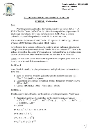 Première page de Mathématiques 5e — 2e devoir surveillé, 1er trimestre (2019-2020) · CPEG ROSAIRE