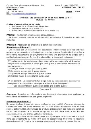 Première page de PCT Tle C, Tle D — Composition, 1er trimestre (2019-2020) · CPEG LICA